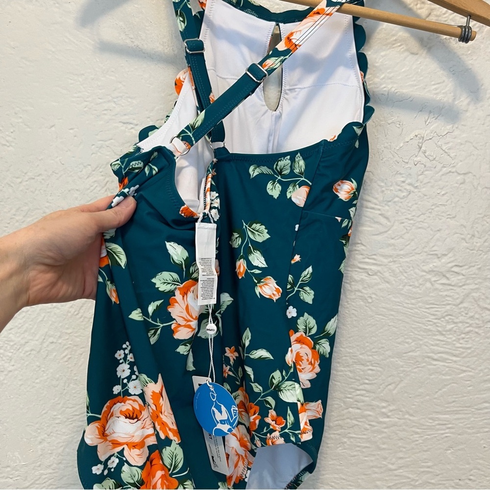 Cupshe Teal Floral One-Piece Swimsuit with Orange & White Roses - Picture 5 of 8
